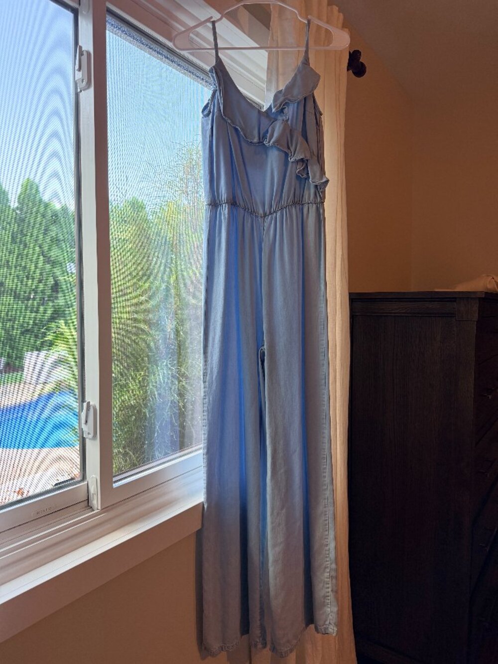 Bershka Denim Collection Light Blue Ruffle Wide Leg Jumpsuit M